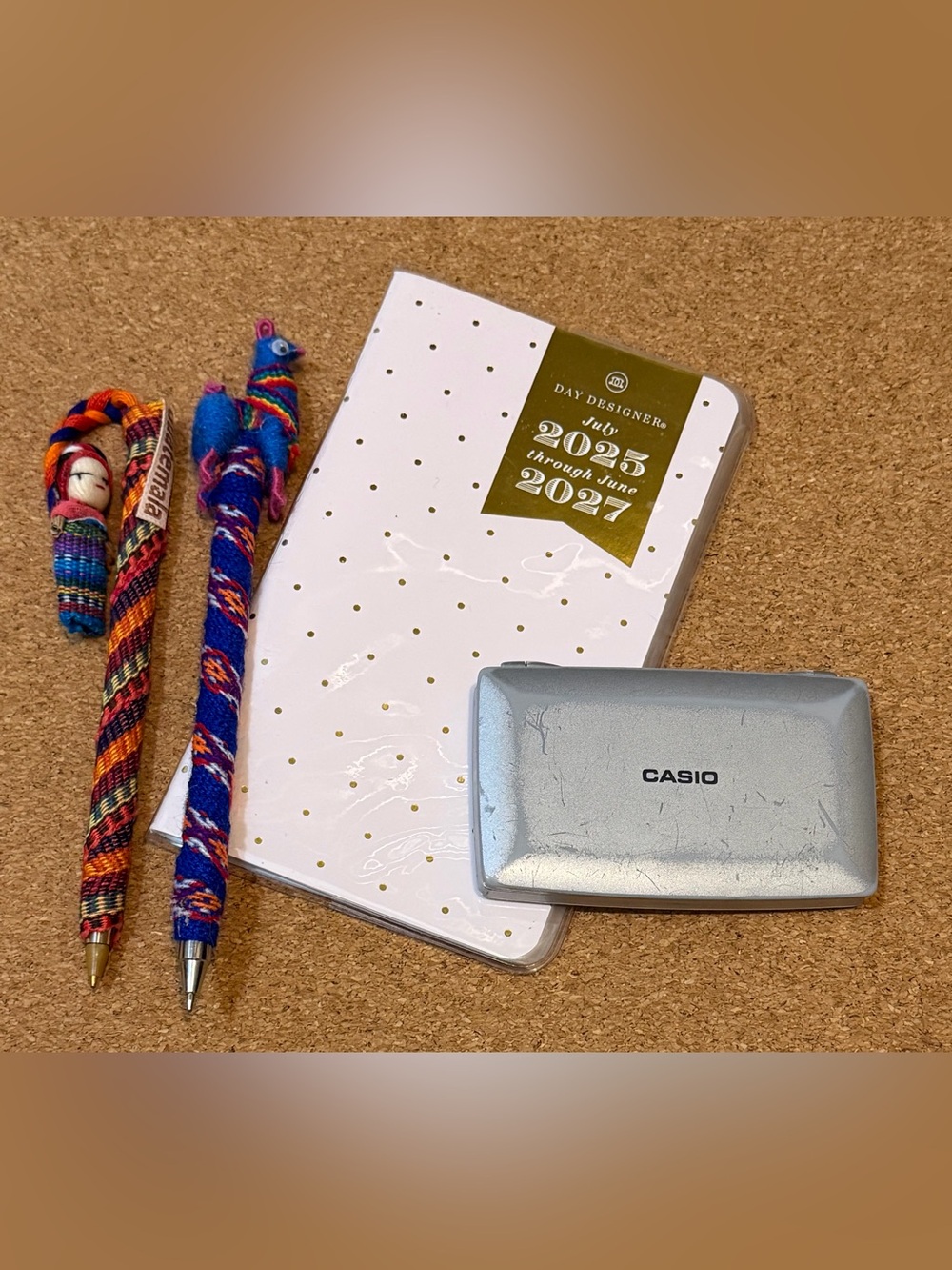 Planner, worry doll pen, Casio calculator bundle
